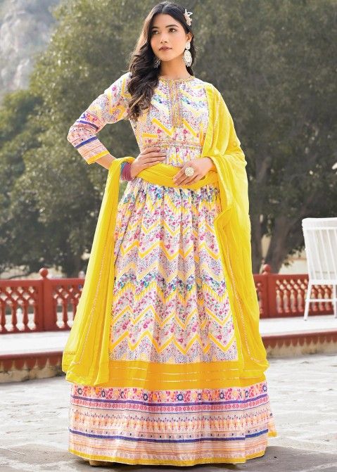 Off White and Yellow Chevron Printed Anarkali Suit in Art Silk with...