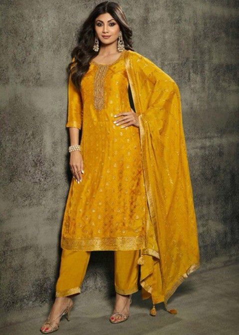 Shilpa Shetty Yellow Woven Pant Style Suit