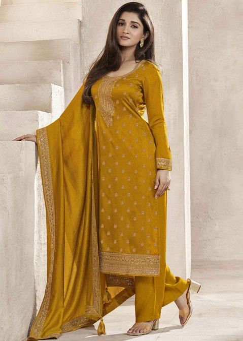 Yellow Embroidered Georgette Pant Suit Set