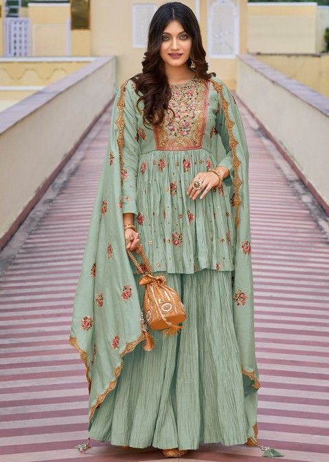 Sage Green Readymade Flared Style Sharara Suit In Art Silk 