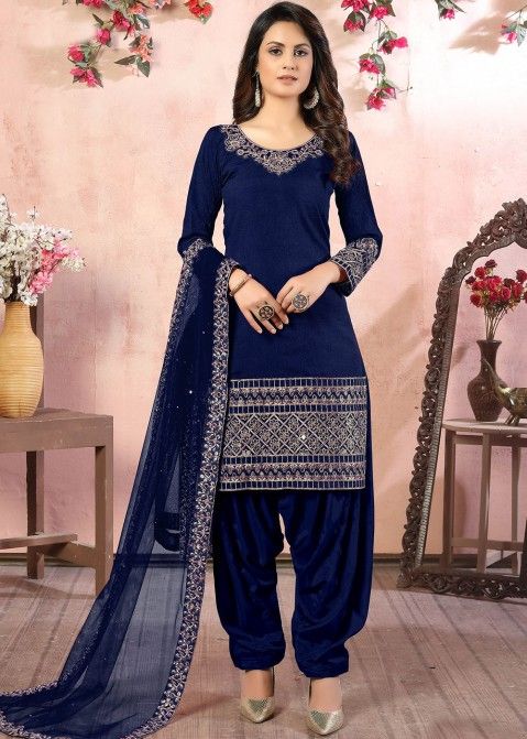 Navy Blue and Gold Embroidered Punjabi Suit - Vasu Sarees - 3817166