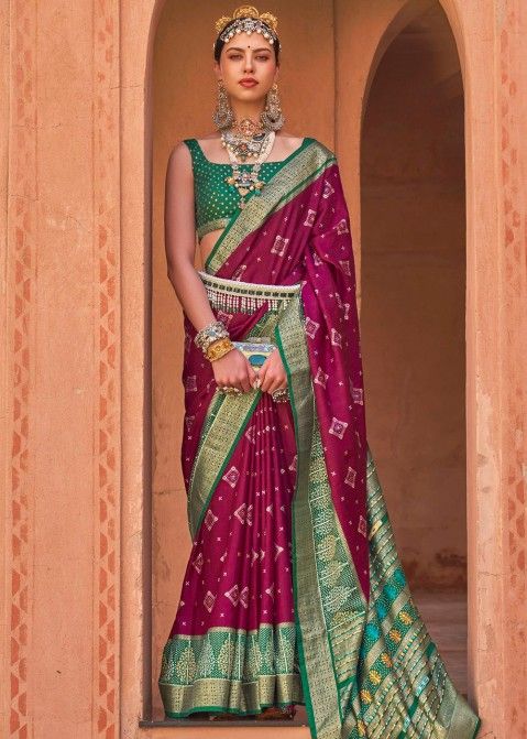 Hand Stitched Kantha Silk Saree with Running Blouse - Magenta Pink Whi –  Craftyle