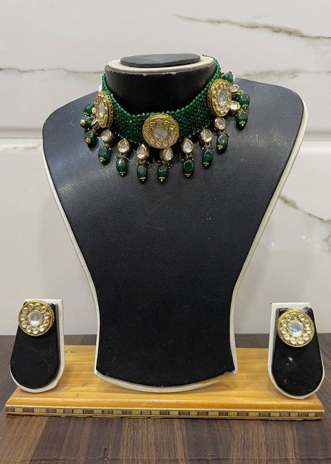 Green Stone Studded Choker Necklace & Earrings