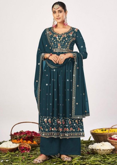 Teal Blue Embroidered Palazzo Suit In Georgette