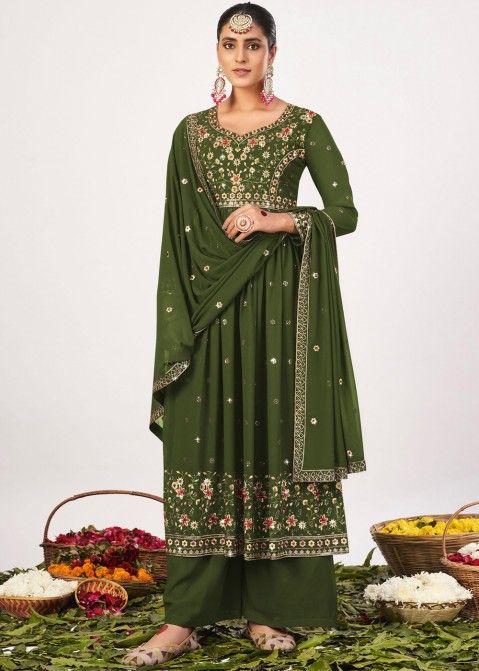 Green Thread Embroidered Georgette Palazzo Suit