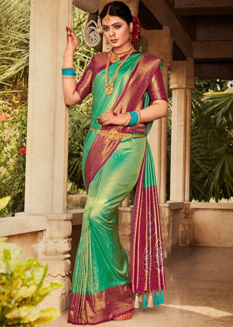 Baby Pink With Green Traditional Litchi Silk Saree With Attached Blous –  Zariknyaa