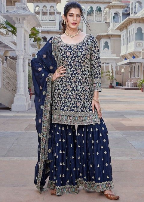 Navy Blue Embroidered Readymade Gharara Suit