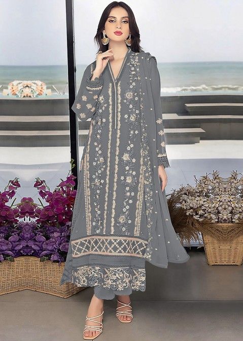 Grey Thread Embroidered Pant Suit In Georgette