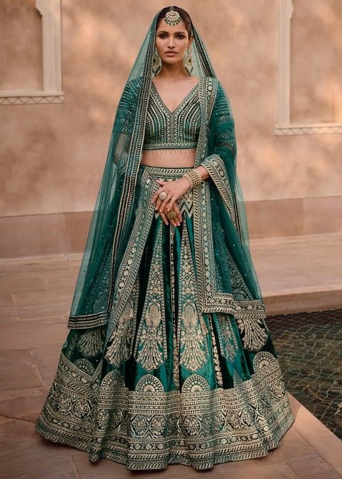 Satin Embroidery Bridal Lehenga Choli In Green Colour - LD4900627