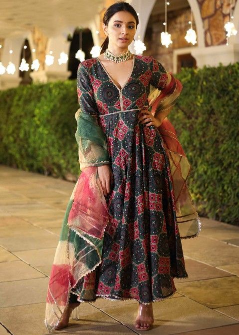 Readymade Green Printed Anarkali Suit