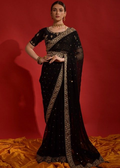 Buy Heena Fashion Embroidered Bollywood Georgette Black Sarees Online @  Best Price In India