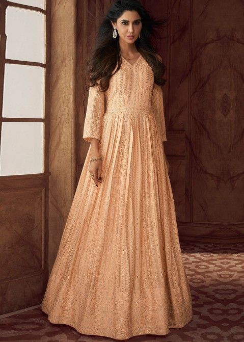 Peach Embroidered Suit Set In Georgette