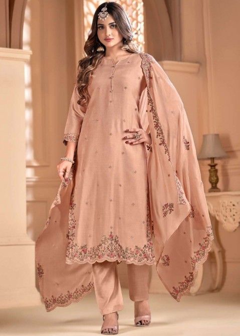 Peach Embroidered Pant Suit Set