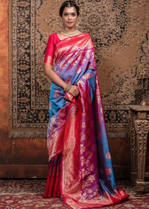 Blue & Red Shaded Zari Woven Silk Saree