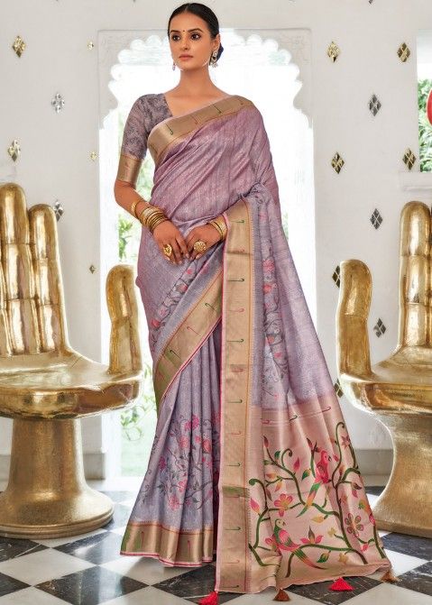 Purple Jacquard Saree In Floral Print