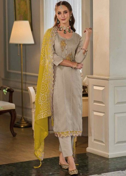 Grey Embroidered Pant Suit Set