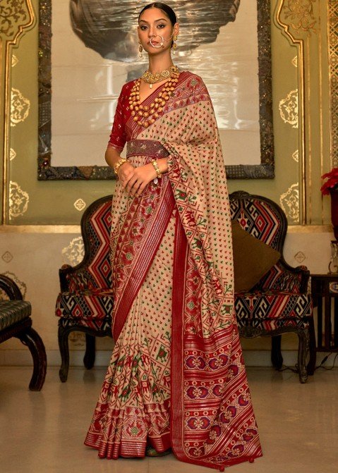 Daisy Beige Tissue Organza Silk Saree With Designer Blouse – Zari Banaras