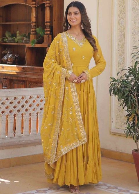 Yellow Embroidered Readymade Georgette Tiered Style Anarkali Suit
