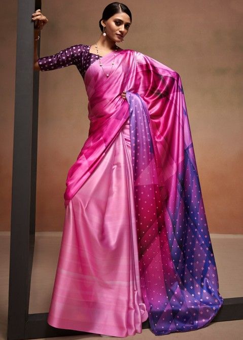 Pink & Purple Digital Abstract Printed Saree