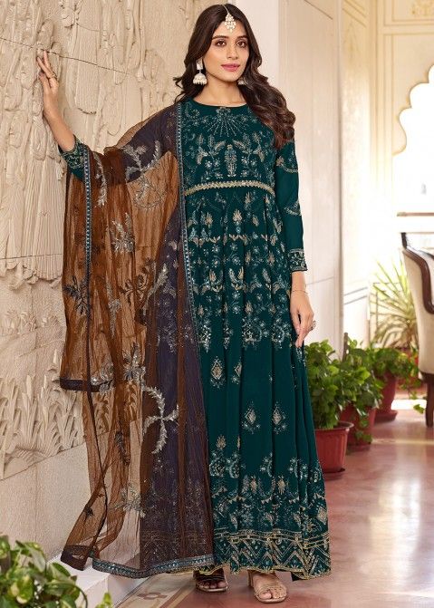 Teal Green Georgette Suit In Thread Embroidery