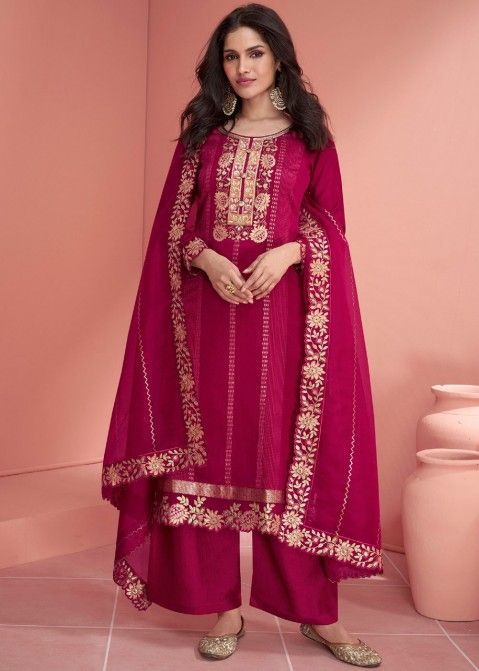 Pink Thread Embroidered Silk Pant Suit 