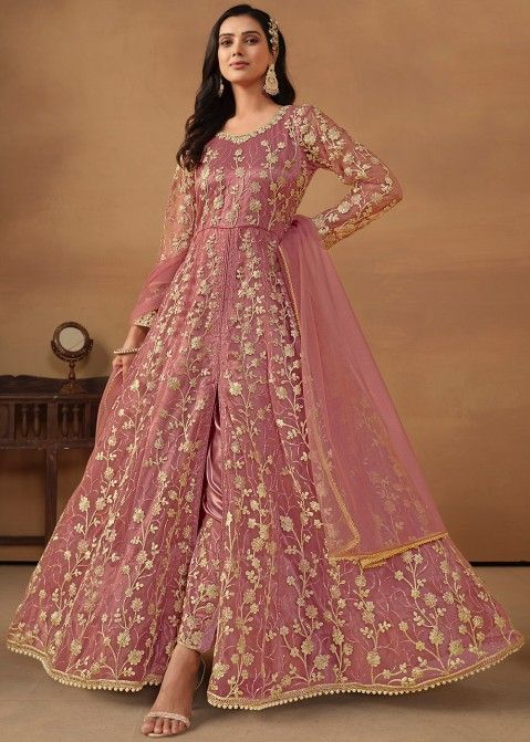 Coral Pink Embroidered Slit Style Suit In Net