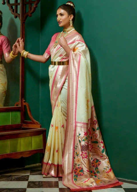 Traditional Saree in Cream and Red | Bridal silk saree, Saree, Traditional  sarees