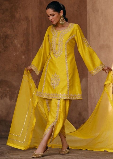 Yellow Embroidered Readymade Chiffon Dhoti & Kurta Suit