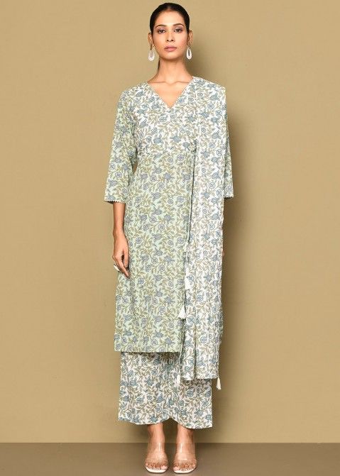 White Digital Printed Readymade Pant Suit In Cotton