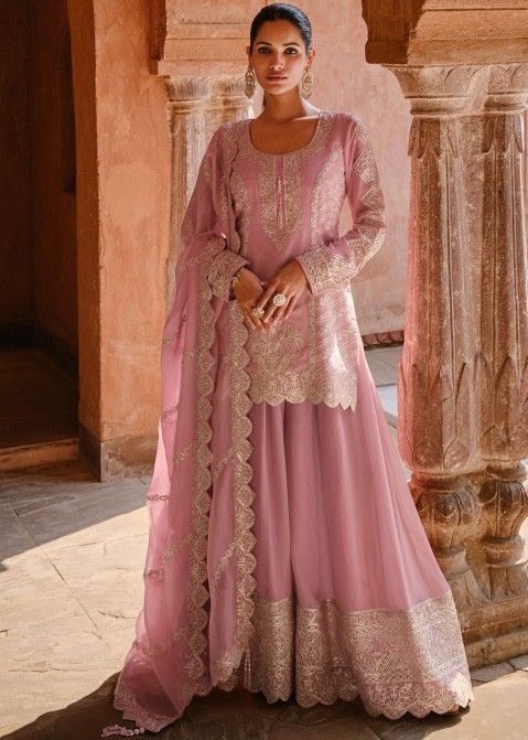 Pink Readymade Embroidered Pant Suit In Georgette