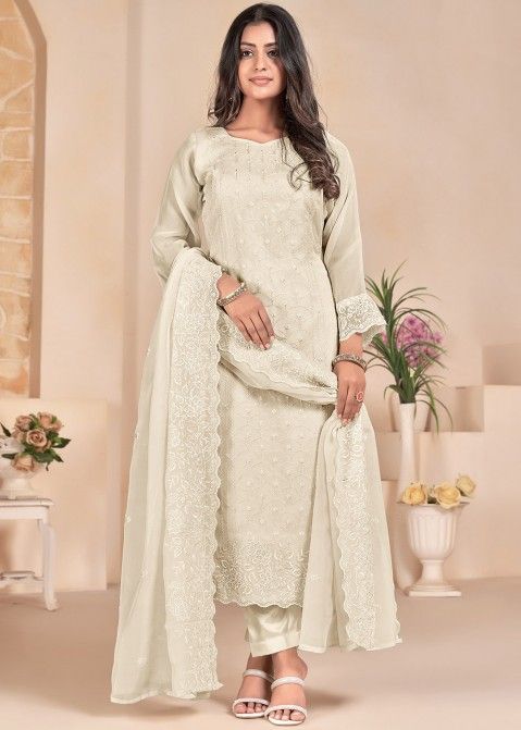 Cream Embroidered Suit Set In Organza