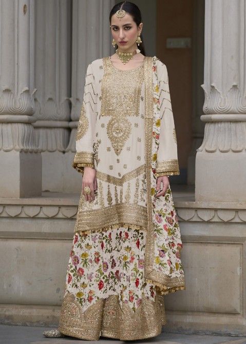 White Readymade Embroidered Sharara Suit In Chiffon