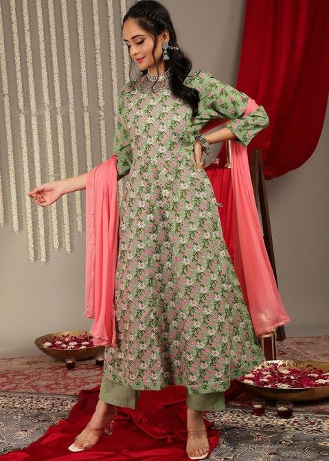 Readymade Green Floral Printed Pant Suit In Cotton