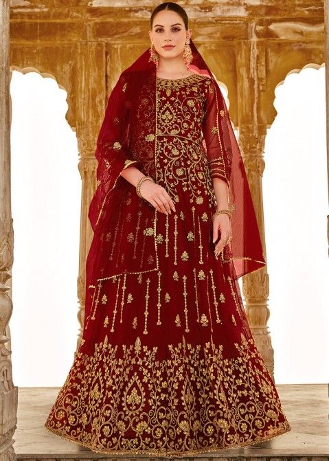 Red Stone Embellished Net Bridal Anarkali Suit