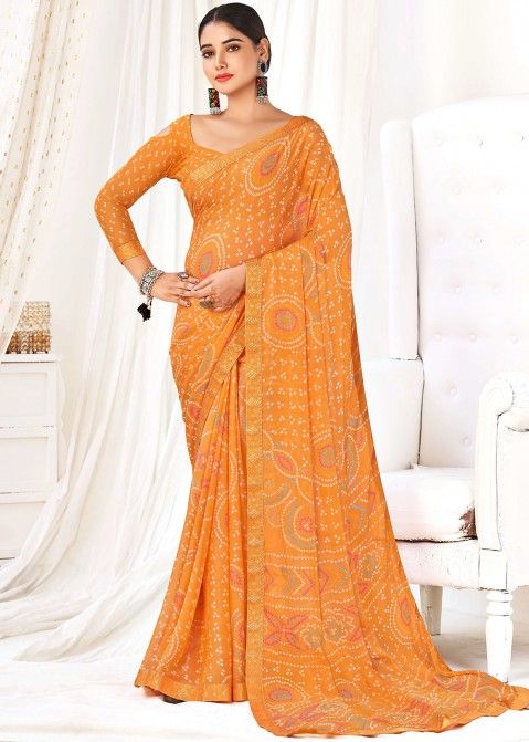 Orange Bandhej Printed Saree & Blouse