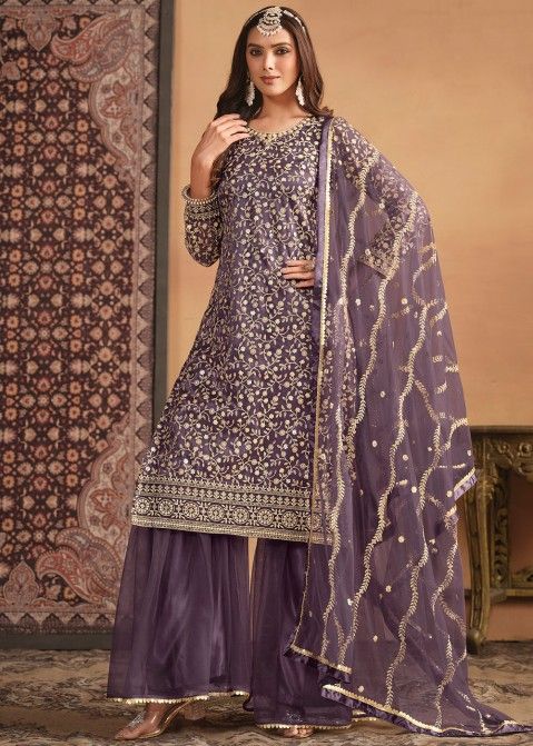 Purple Embroidered Gharara Suit In Net