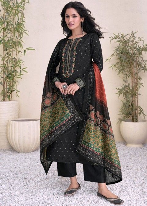 Black Embroidered Suit Set In Satin