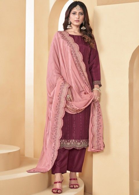 Wine Cotton Pant Suit In Thread Embroidery