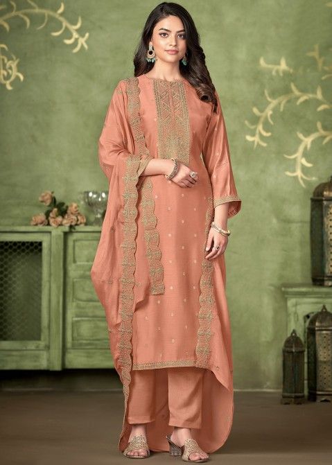 Peach Embroidered Pant Suit In Muslin