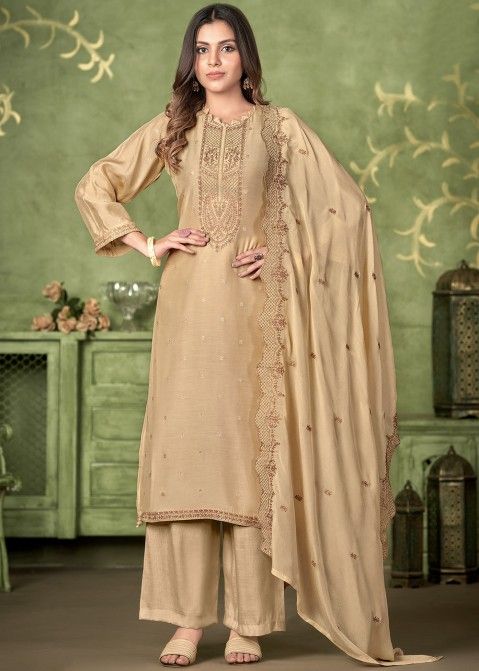Beige Embroidered Muslin Pant Suit Set