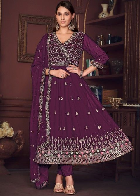 Purple Embroidered Anarkali Pant Suit In Georgette