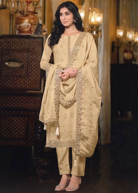 Beige Embroidered Organza Pant Suit