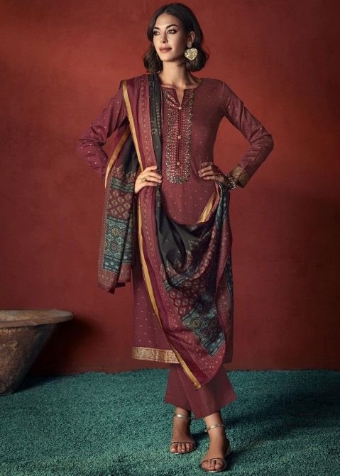 Brown Thread Embroidered Pant Suit Set