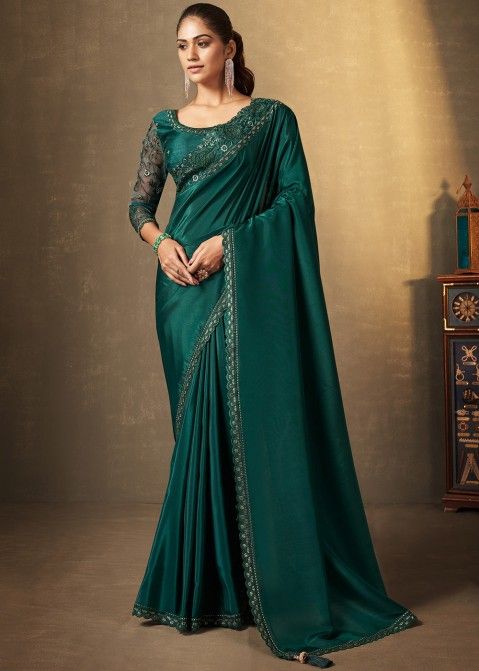 Green Crape Embroidered Saree & Blouse
