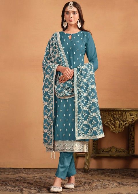 Blue Embroidered Suit In Georgette