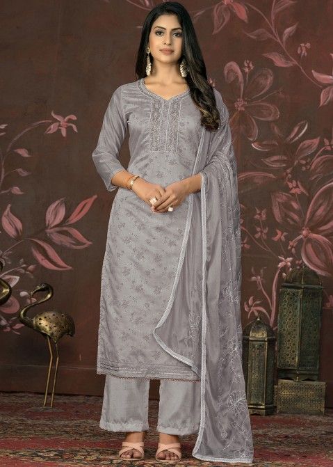 Grey Embroidered Rayon Palazzo Suit