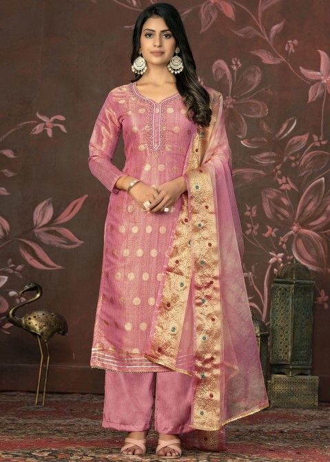 Pink Zari Woven Palazzo Suit In Rayon