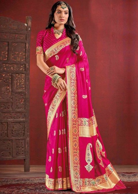 Pink Silk Saree In Zari Woven Work