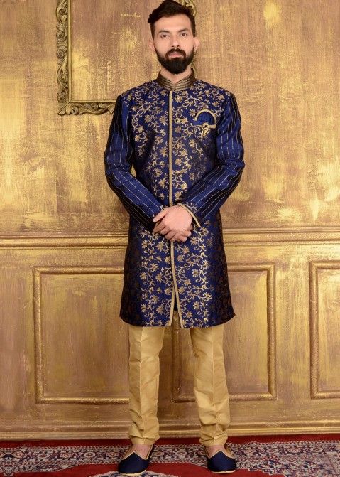 Indian Dress For Man: Buy Readymade Blue Brocade Mens Wedding Sherwani Online