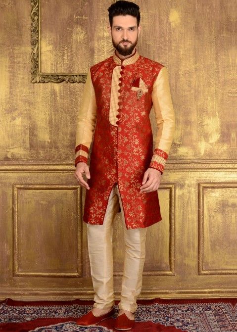 Traditional Indian Men Clothing: Buy Readymade Red Brocade Indo Western Sherwani for Men Online